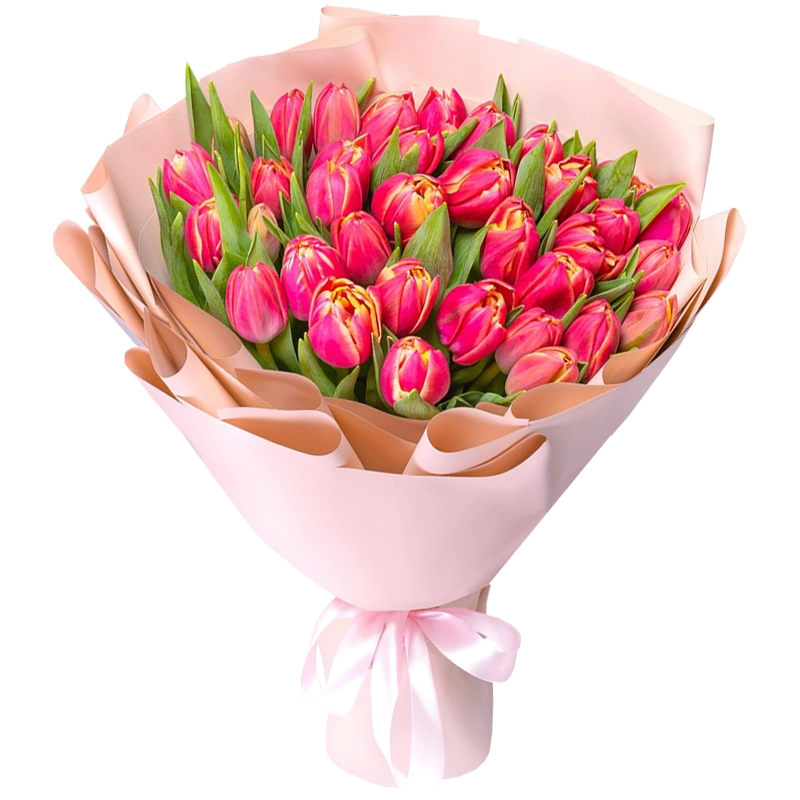 Букет из 35 пятнистых пионовидных тюльпанов